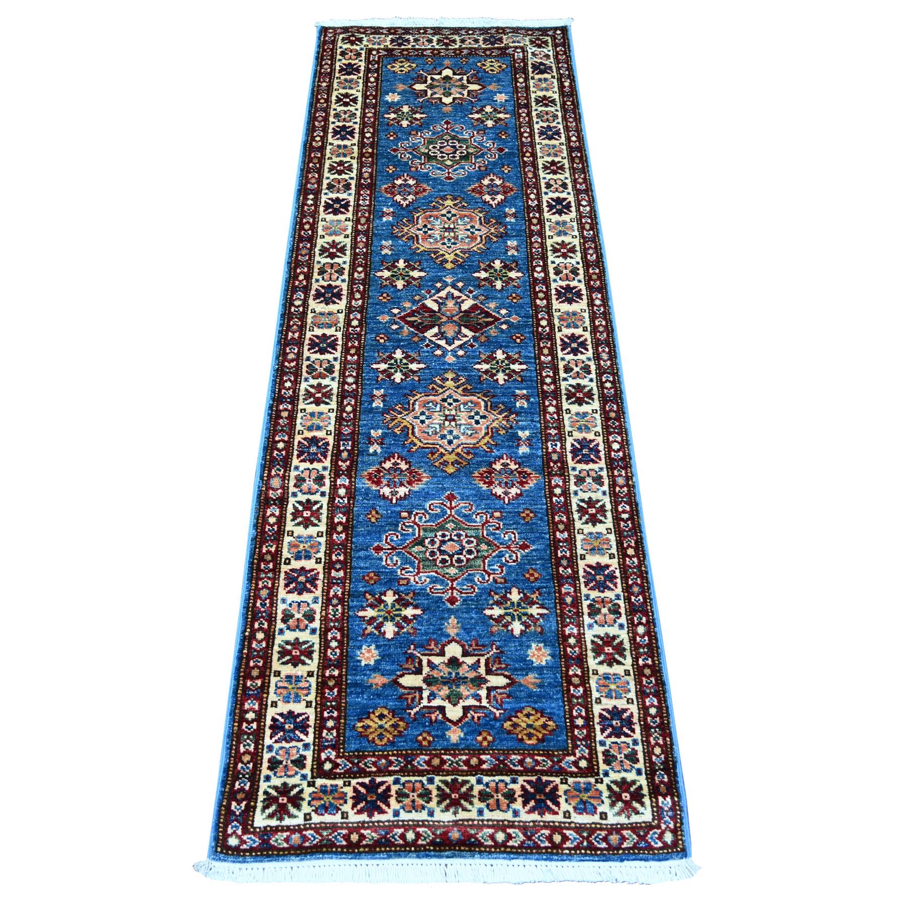 Bayern Blue, Afghan Super Kazak with Tribal Medallions Design, Hand Knotted, Soft and Vibrant Wool, Vegetable Dyes, Narrow Runner, Oriental Rug